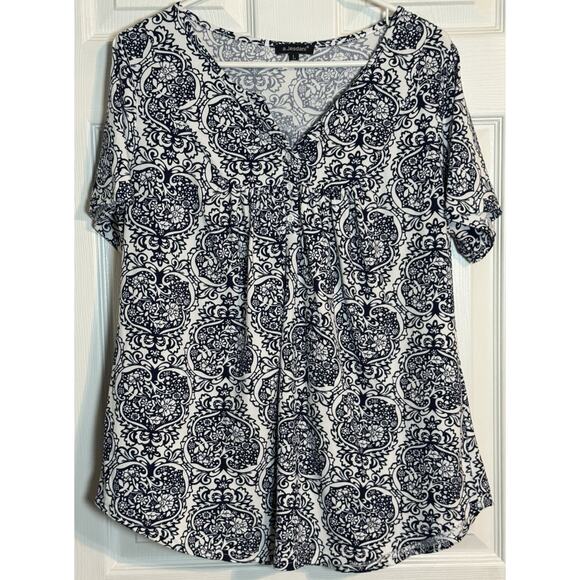 A Jesdani Women’s Blue/white Top, V Neck, Short Sleeve, Polyester/Spandex, Large - Picture 1 of 7